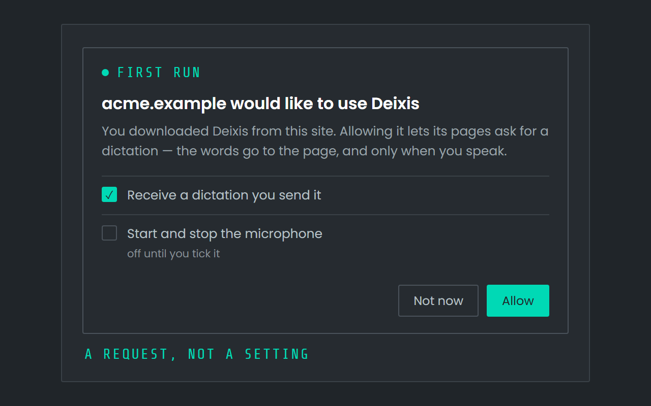 The card Deixis shows on first run: the site's name, Allow and Not now, and a separate unticked microphone permission