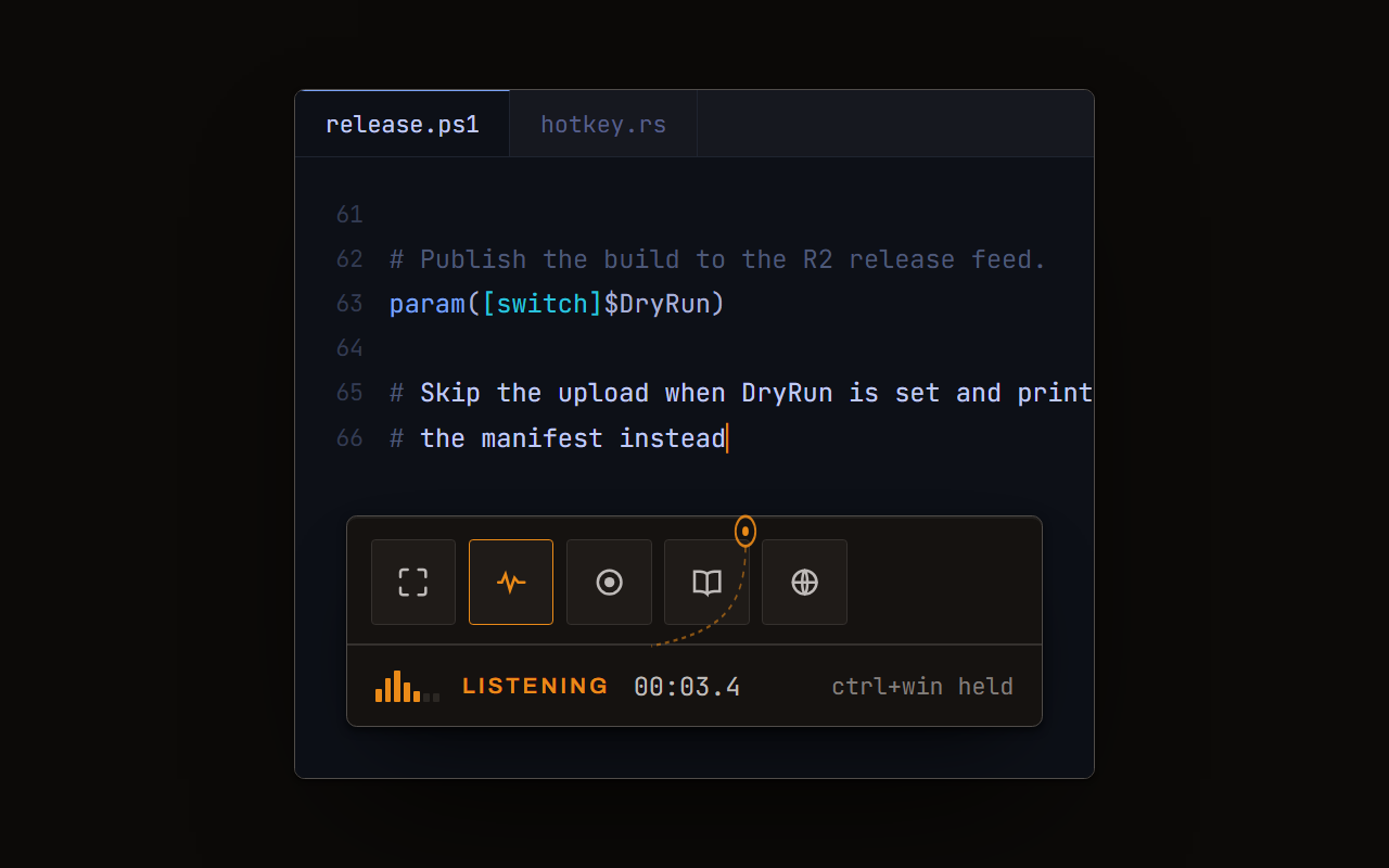 The Deixis panel tethered to the caret in a code editor, listening
