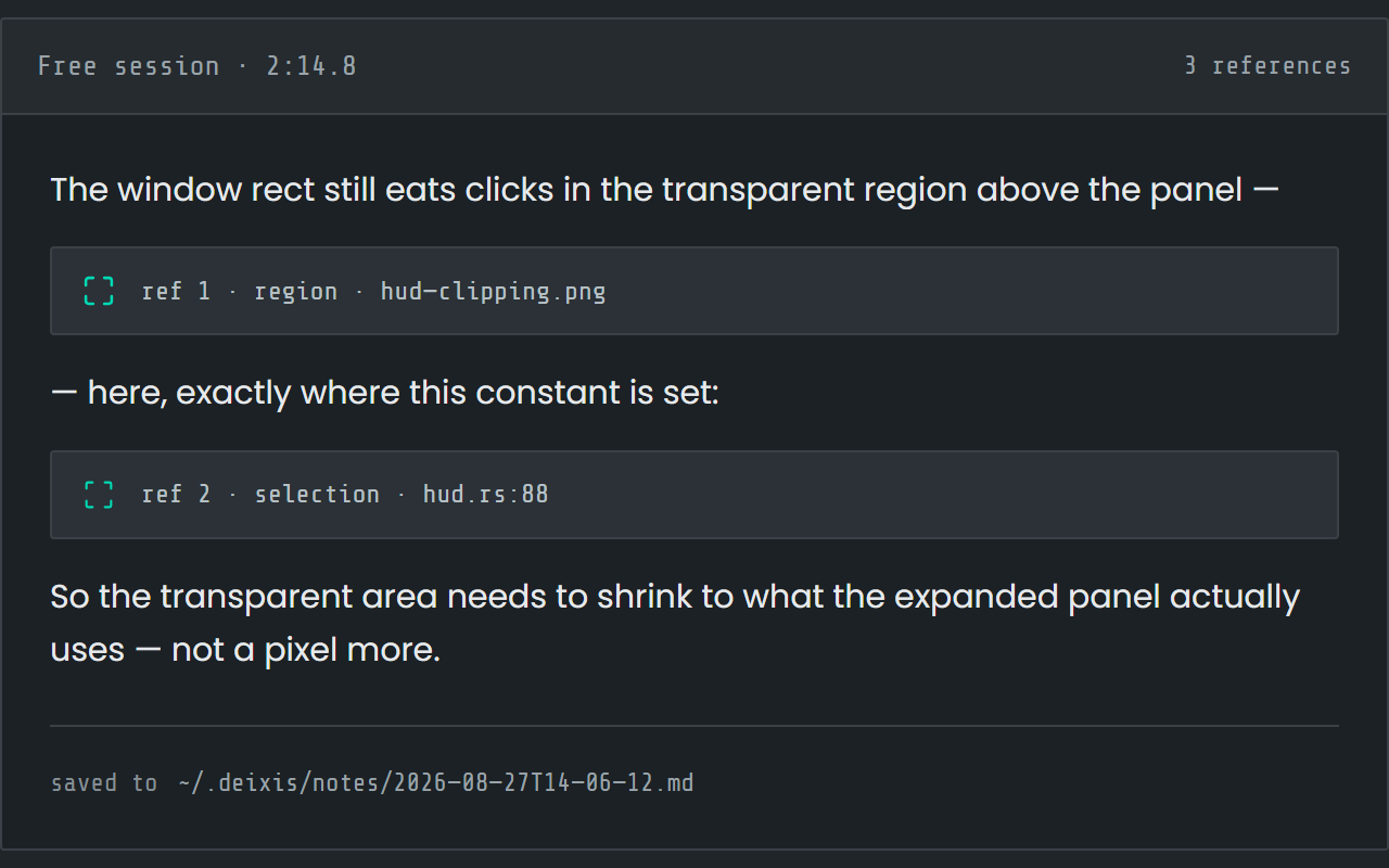 A finished free-mode note with a captured region and a selection interleaved with the narration